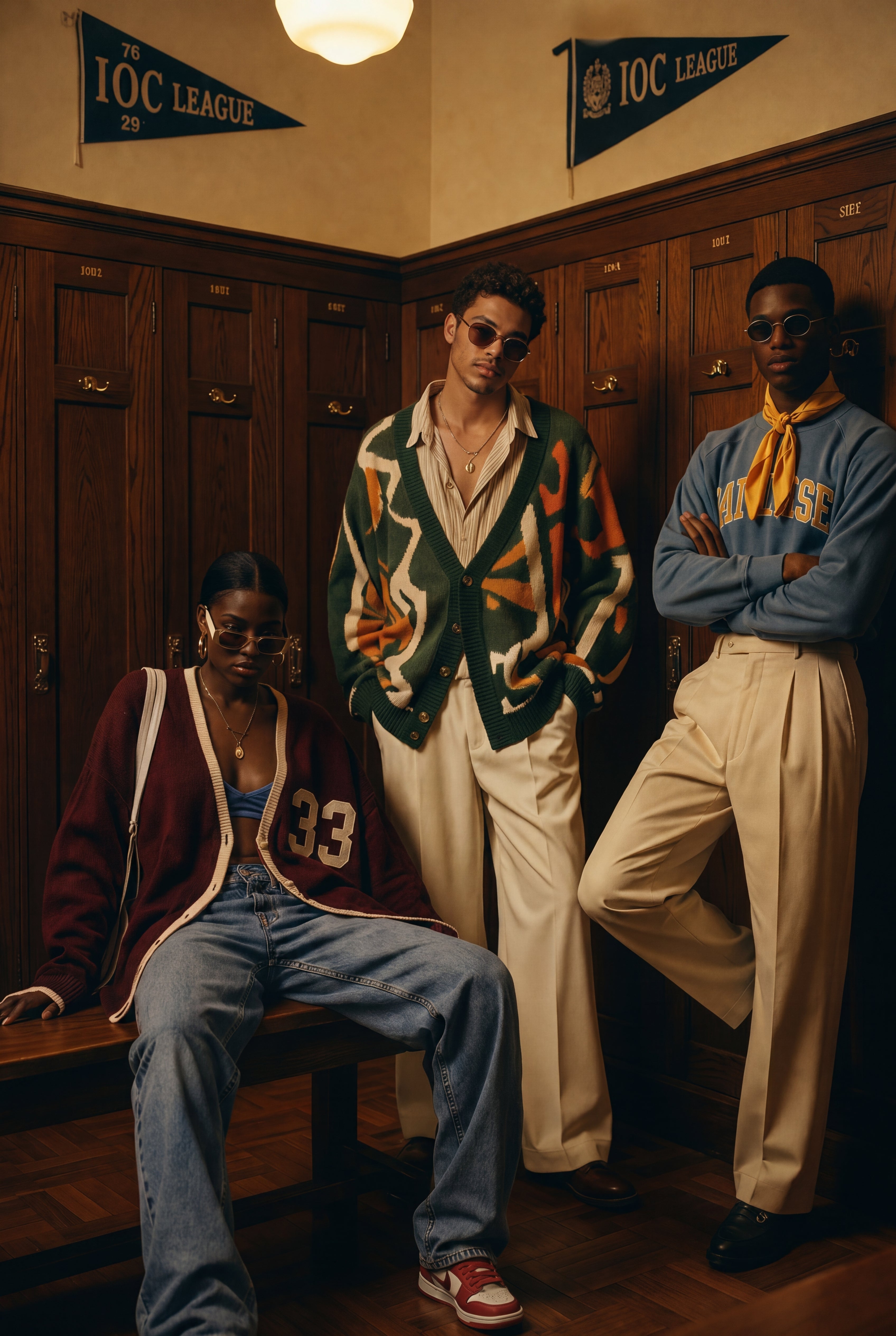 Three men in a vintage-style locker room with wooden lockers and 'IOC League' pennants.

